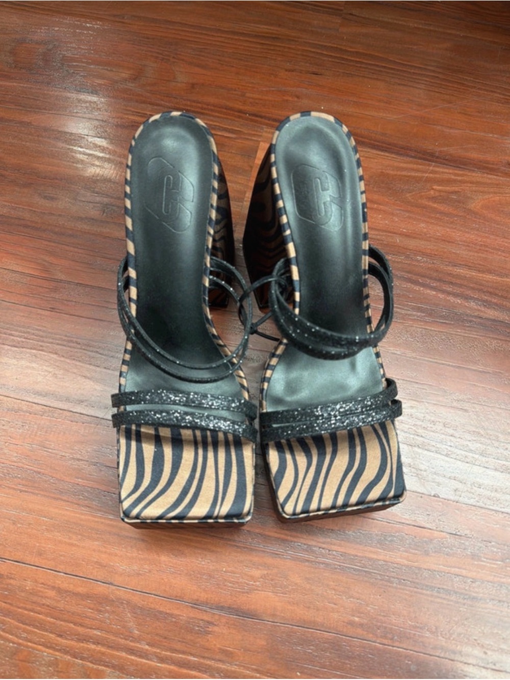Black Strappy Zebra-Print Women's Heels